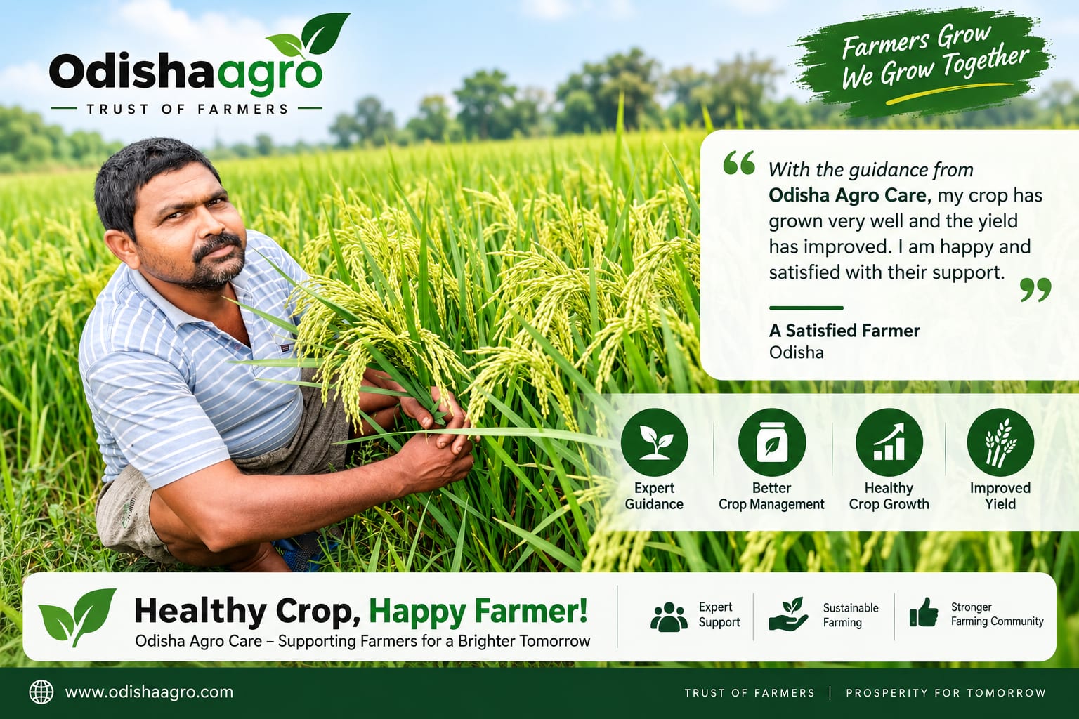 Happy Farmer, Healthy Crop, Better Yield โ A farmer proudly showcases his thriving paddy crop after following the farming guidance provided by Odisha Agro Care. With proper crop management and expert