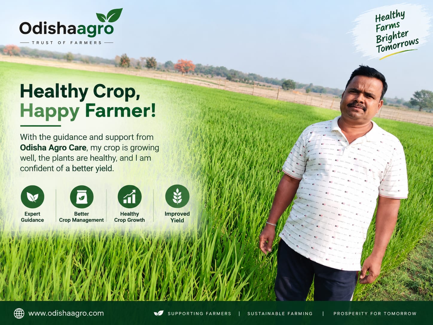 Healthy Crop, Happy Farmer! ๐พ A thriving green paddy crop reflects the benefits of proper crop management and timely farming guidance. With support from Odisha Agro Care, the farmer is happy to see h